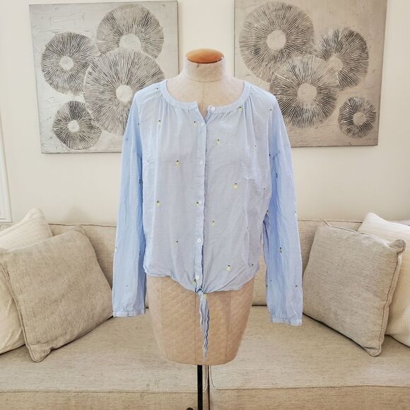 🍐 NORDSTROM 🍐 Pear Embroidered Tie Front Shirt - [Large in Blue] - Picture 1 of 10
